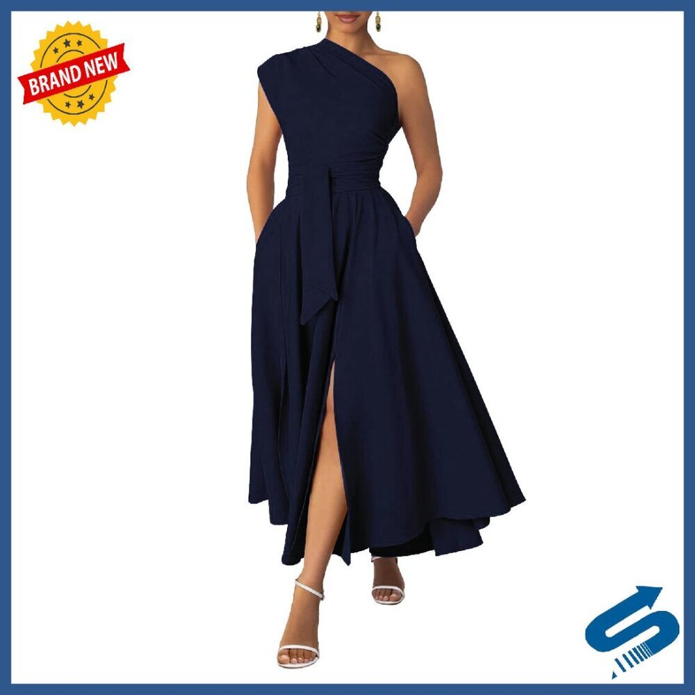 One Shoulder Maxi Dress Formal Wedding Guest with Pockets